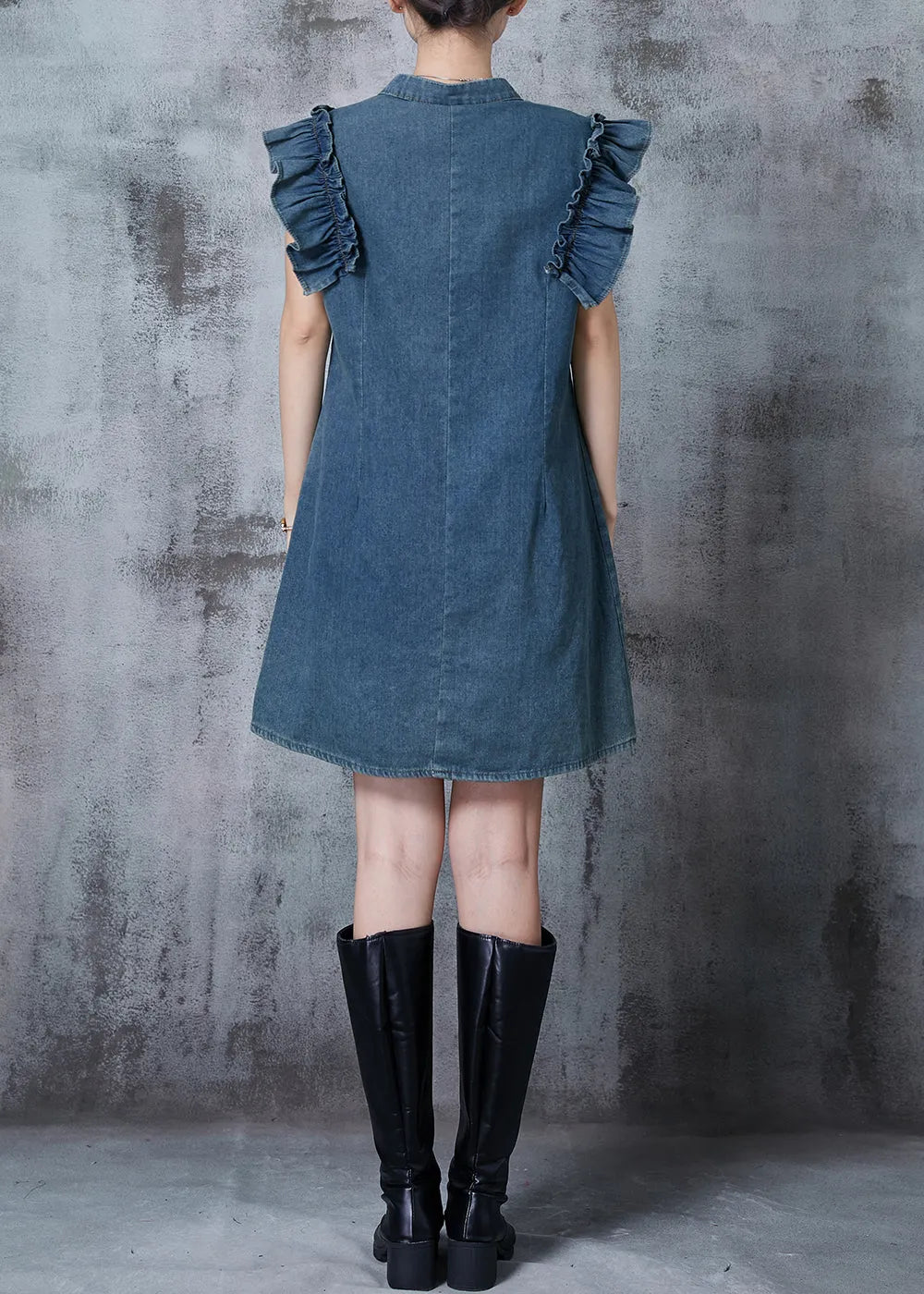 Art Blue Ruffled Chinese Button Denim Two Pieces Set Summer
