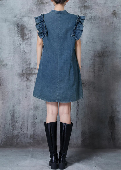 Art Blue Ruffled Chinese Button Denim Two Pieces Set Summer