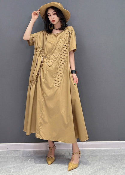 Classy Khaki O-neck Asymmetrical Wrinkled Pockets Long Dresses Short Sleeve