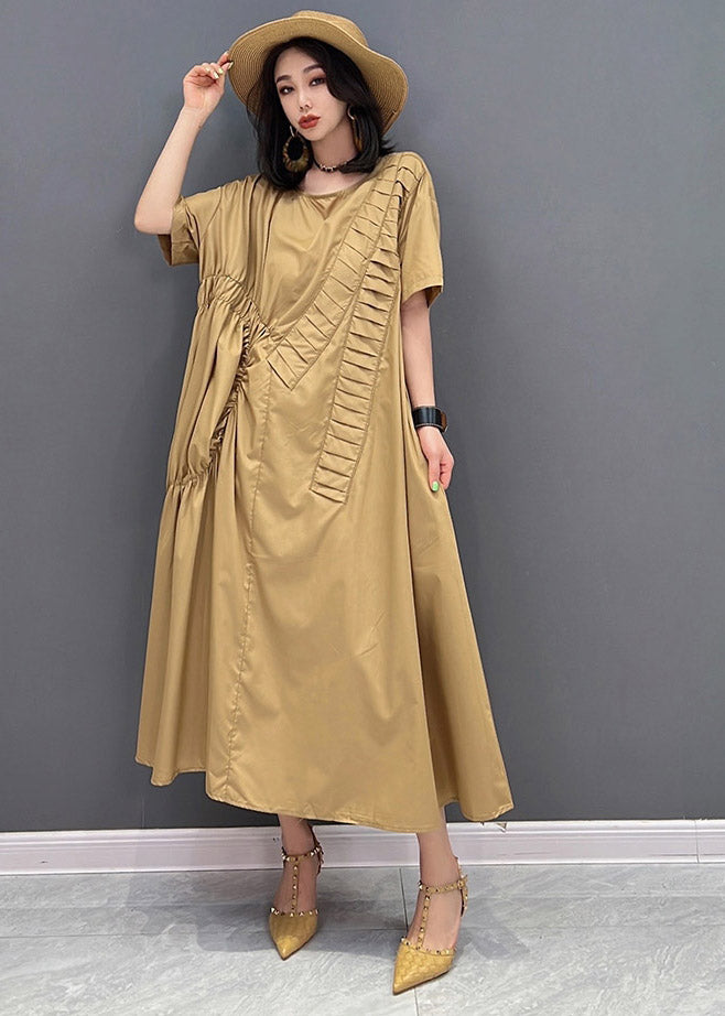 Classy Khaki O-neck Asymmetrical Wrinkled Pockets Long Dresses Short Sleeve