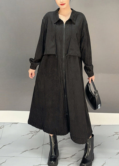 Black Peter Pan Collar Pockets Corduroy Maxi Trench Coats Winter