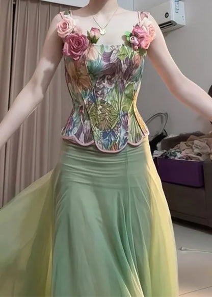 Green Tops and Skirts Tulle Two Pieces Set Summer