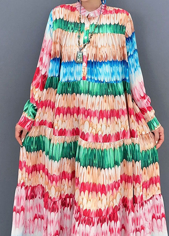 Loose O-neck Print Patchwork Long Dresses Long Sleeve