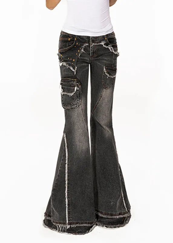 Retro Dark Grey High Waist Pockets Patchwork Jeans Summer