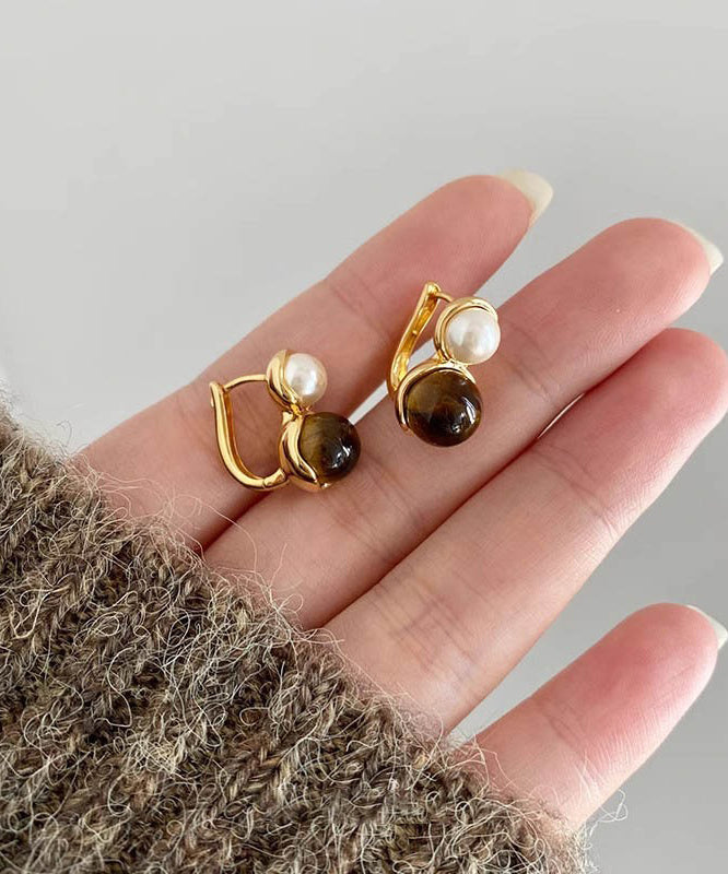 Gold Copper Alloy Cat Eye Stone Pearl Hoop Earrings