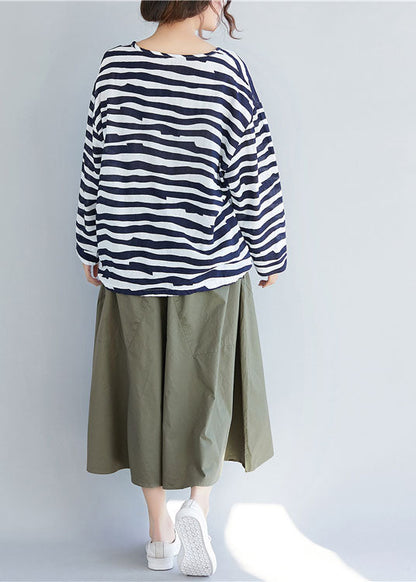 Classy Blue V Neck Striped Cotton T Shirt Top Long Sleeve