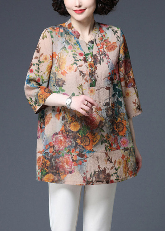 V Neck Print Button Cotton Shirts Three Quarter Sleeve