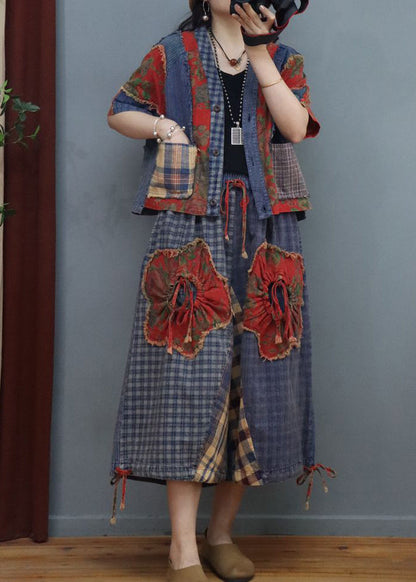 Boutique V Neck Print Patchwork Top and Wide Leg Two Pieces Set Fall