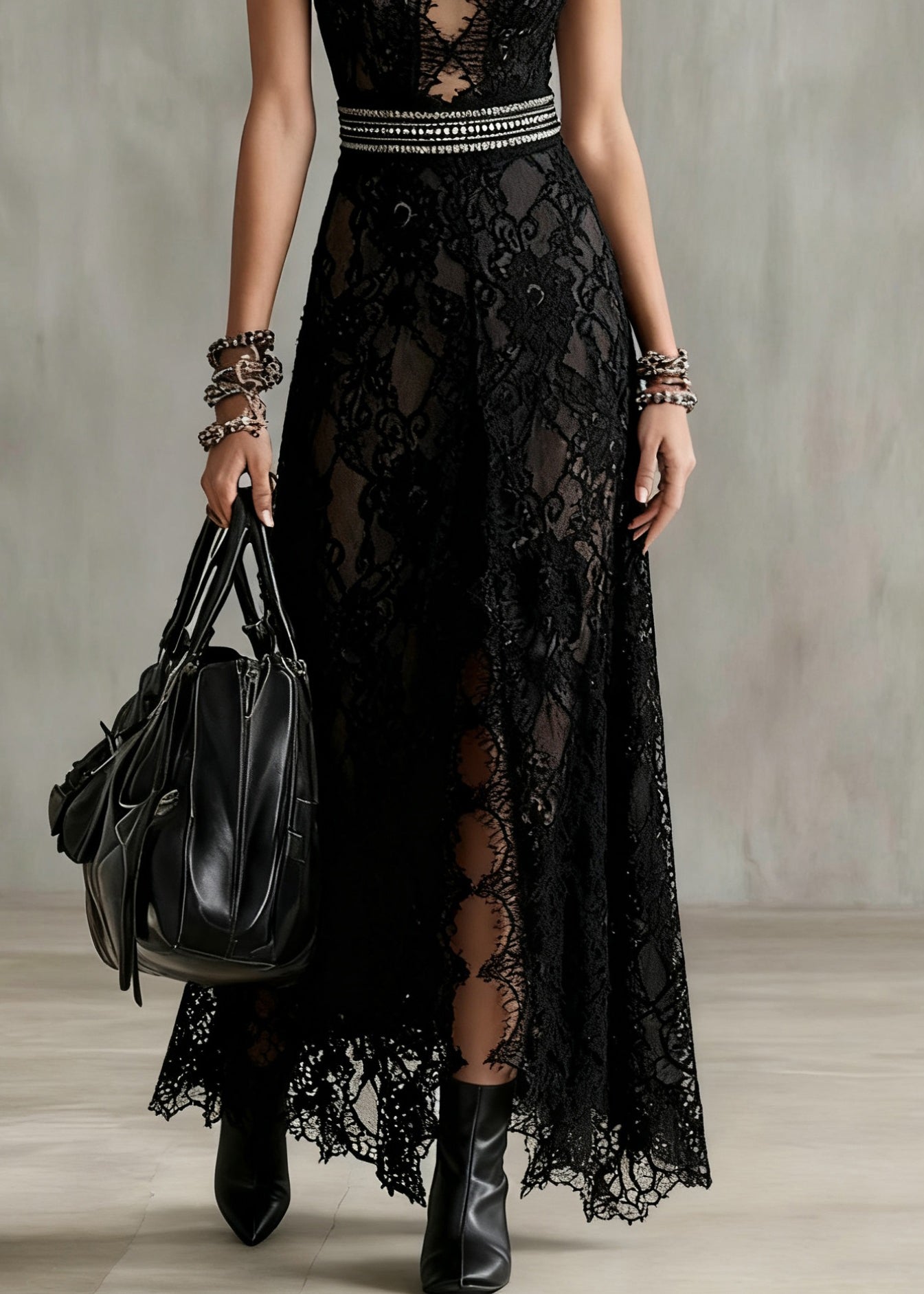 Black Hollow Out Side Open Lace Long Dresses Sleeveless Summer