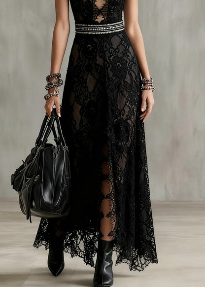 Black Hollow Out Side Open Lace Long Dresses Sleeveless Summer