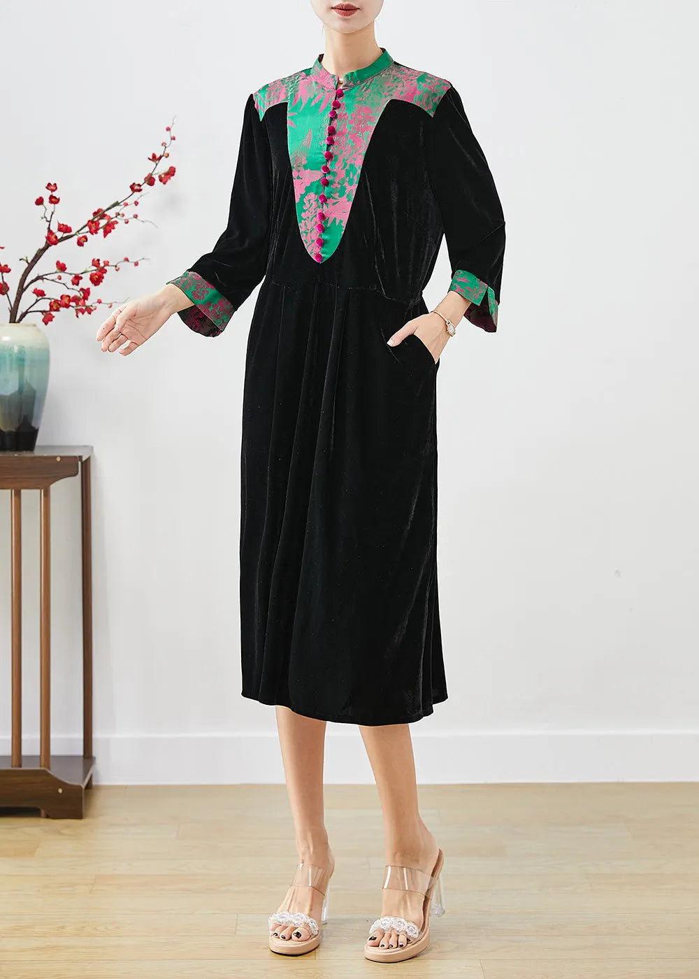 Black Mandarin Collar Patchwork Silk Velour Dresses Fall
