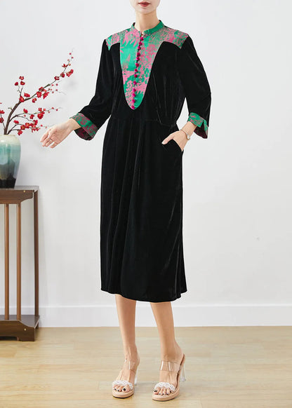 Black Mandarin Collar Patchwork Silk Velour Dresses Fall