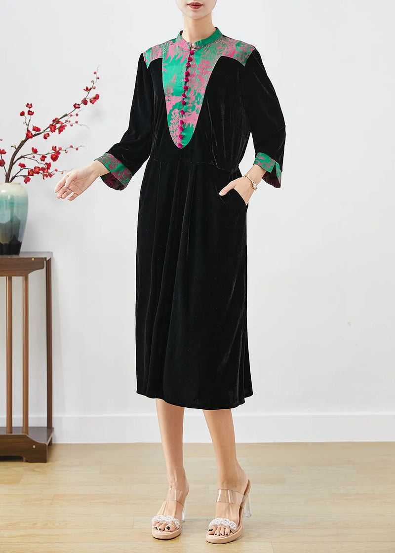 Black Mandarin Collar Patchwork Silk Velour Dresses Fall
