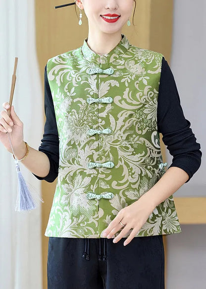 Green Stand Collar Print Button Silk Waistcoat Sleeveless