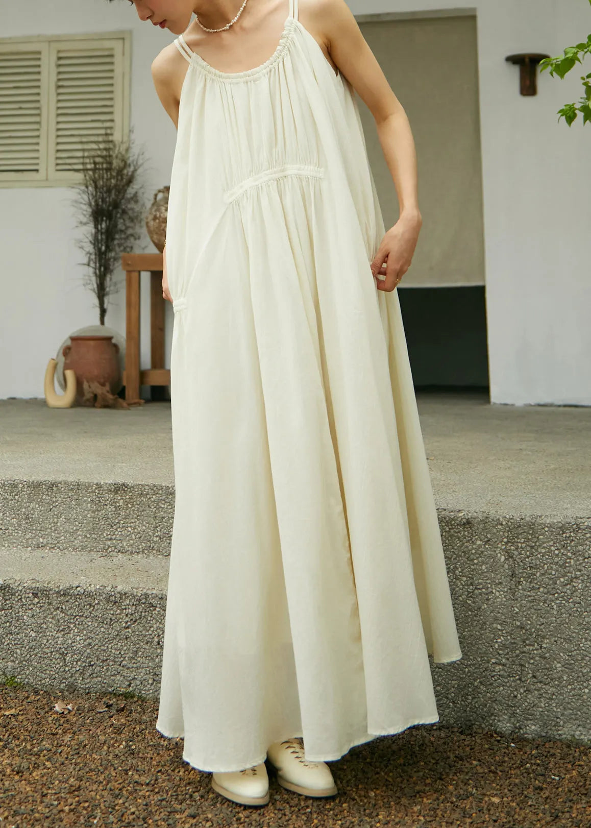 Dark Grey Wrinkled Cotton Spaghetti Strap Dress Sleeveless
