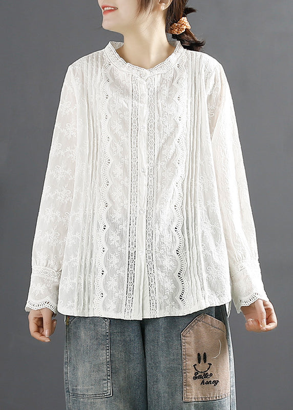 Stylish Beige Embroideried Hollow Out Cotton Shirt Tops Spring