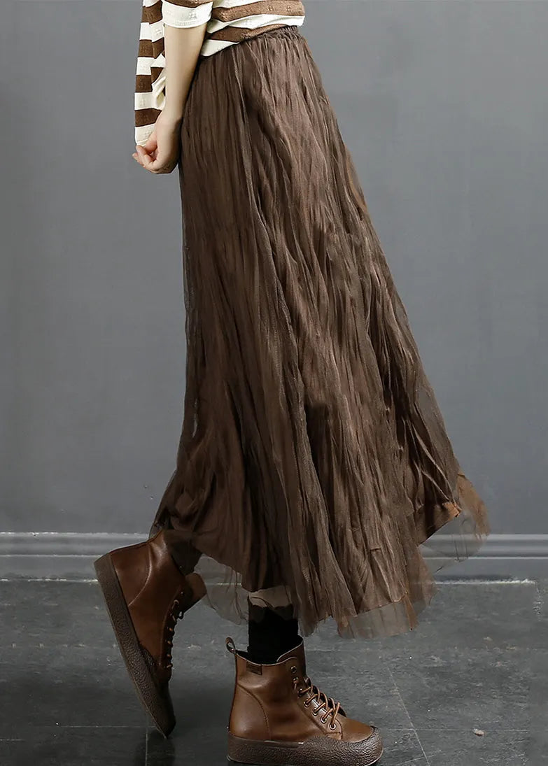 Coffee Wrinkled Elastic Waist Tulle Skirt Spring