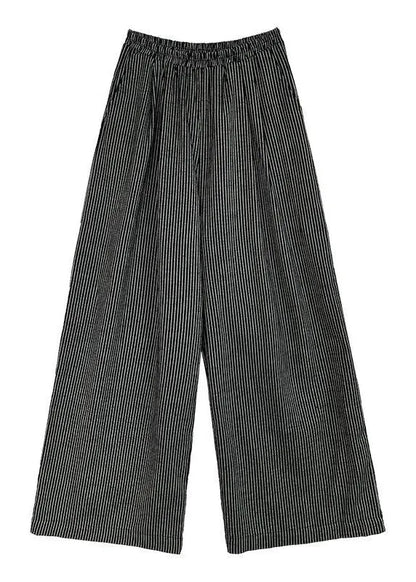 Italian Black Oversized Striped Cotton Wide Leg Pants Spring
