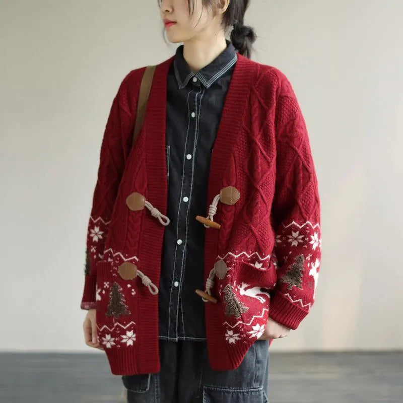 Aesthetic Red Knit Jacket Loose Fitting Loose Deer Print Knit Outwear