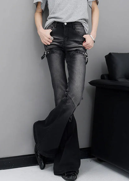 Fine Black Pockets High Waist Patchwork Denim Flared Trousers Fall