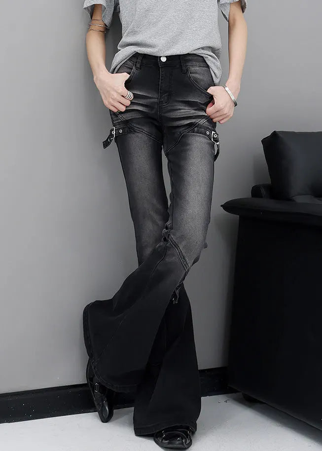 Fine Black Pockets High Waist Patchwork Denim Flared Trousers Fall