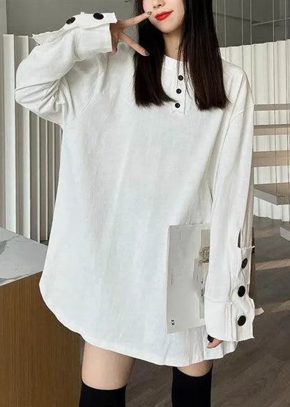 White Patchwork Button Sweatshirts Long Sleeve