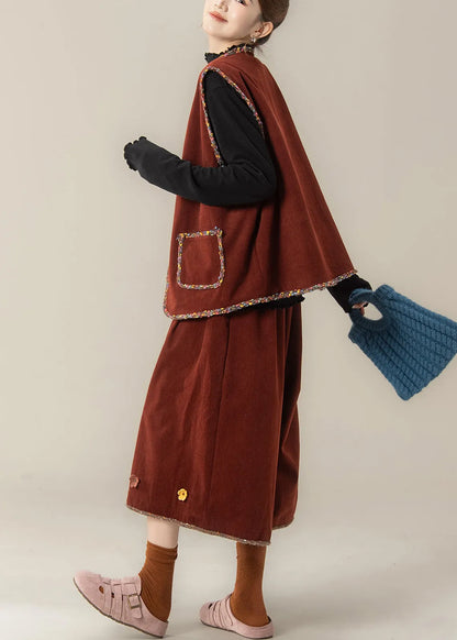 Organic Red V Neck Corduroy Waistcoat ,top and Crop Pants Three Pieces Set Fall