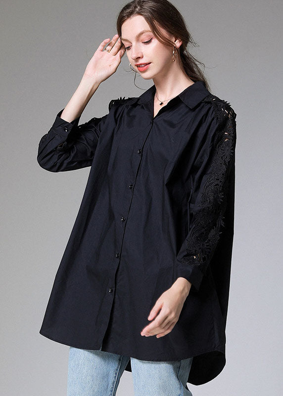 Black Embroideried Button Patchwork Top Fall