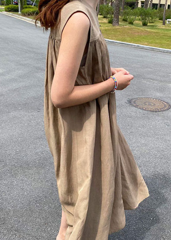 Simple Khaki O-neck Cotton Long Dresses Sleeveless