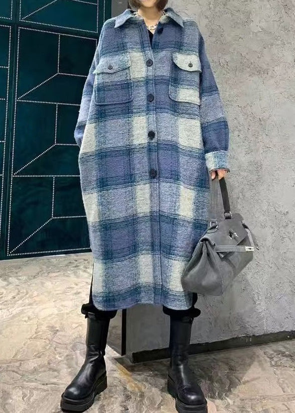 Plaid Peter Pan Collar Button Woolen Long Shirt Coats Spring