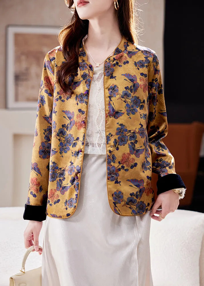 Chinese Style Yellow Stand Collar Jacquard Silk Coats Spring