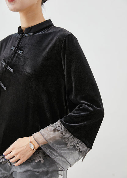 Black Asymmetrical Organza Patchwork Chinese Button Silk Velour Shirt Top Fall