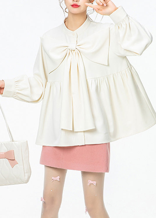 French White O-neck Wrinkled Bow Shirt Spring
