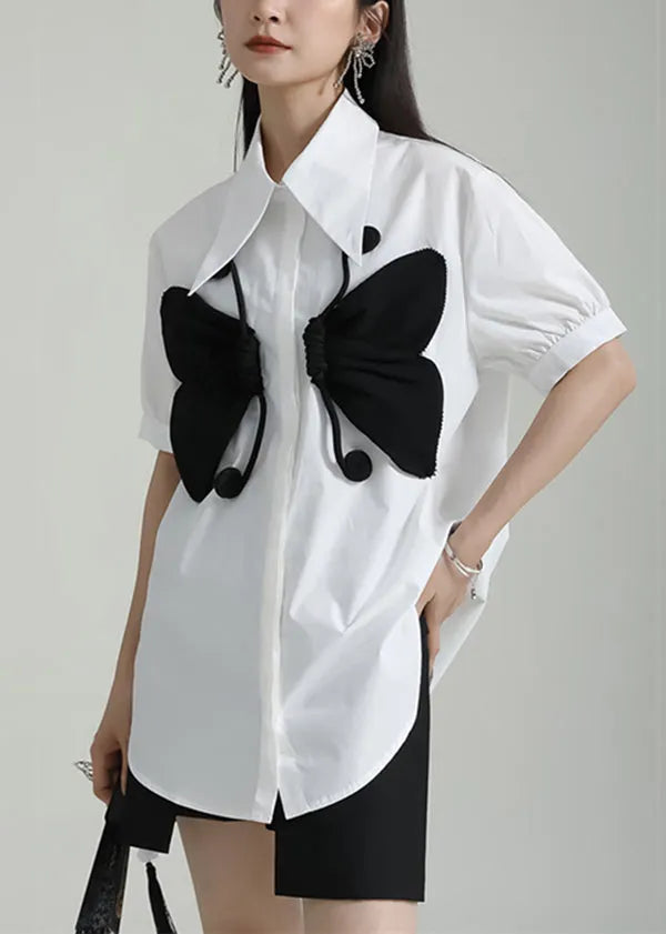 White Peter Pan Collar Butterfly Patchwork Cotton Shirts Top Summer