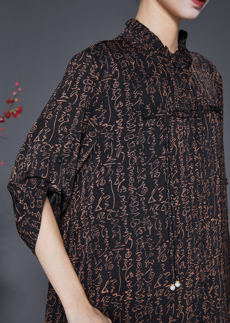 Black Ruffled Print Tasseled Chiffon Two Pieces Set Fall