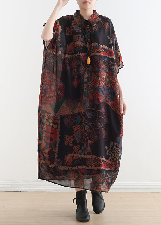 Black Orange Peter Pan Collar Draping Print Chiffon Dresses Batwing Sleeve