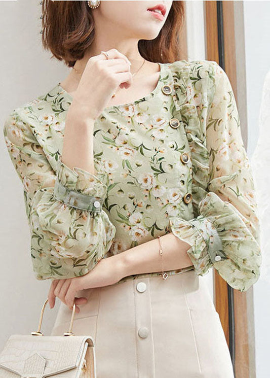 Unique Green O-neck Button Ruffled Print Chiffon Tops Spring