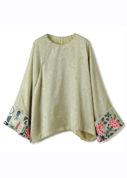 Green O-neck Asymmetrical Embroideried Silk Shirts Fall