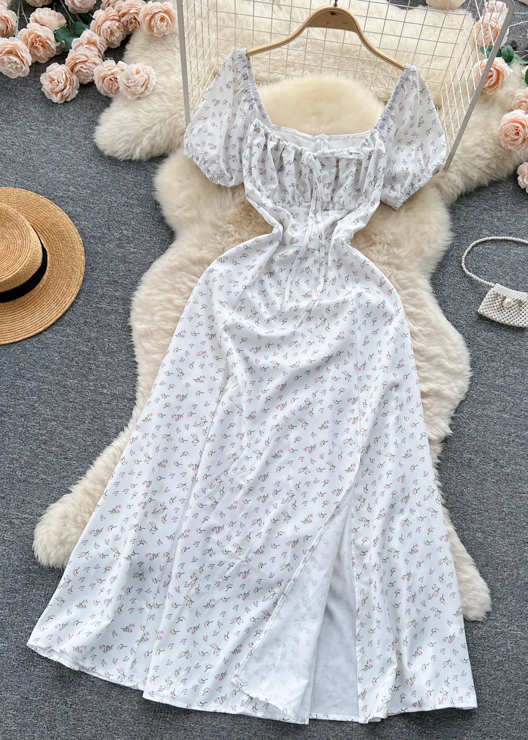 Green Print Lace Up Cotton Dresses Summer