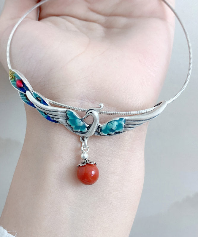 Red Sterling Silver Agate Phoenix Pendant Necklace