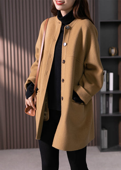 Camel O Neck Pockets Button Patchwork Wool Coats Fall