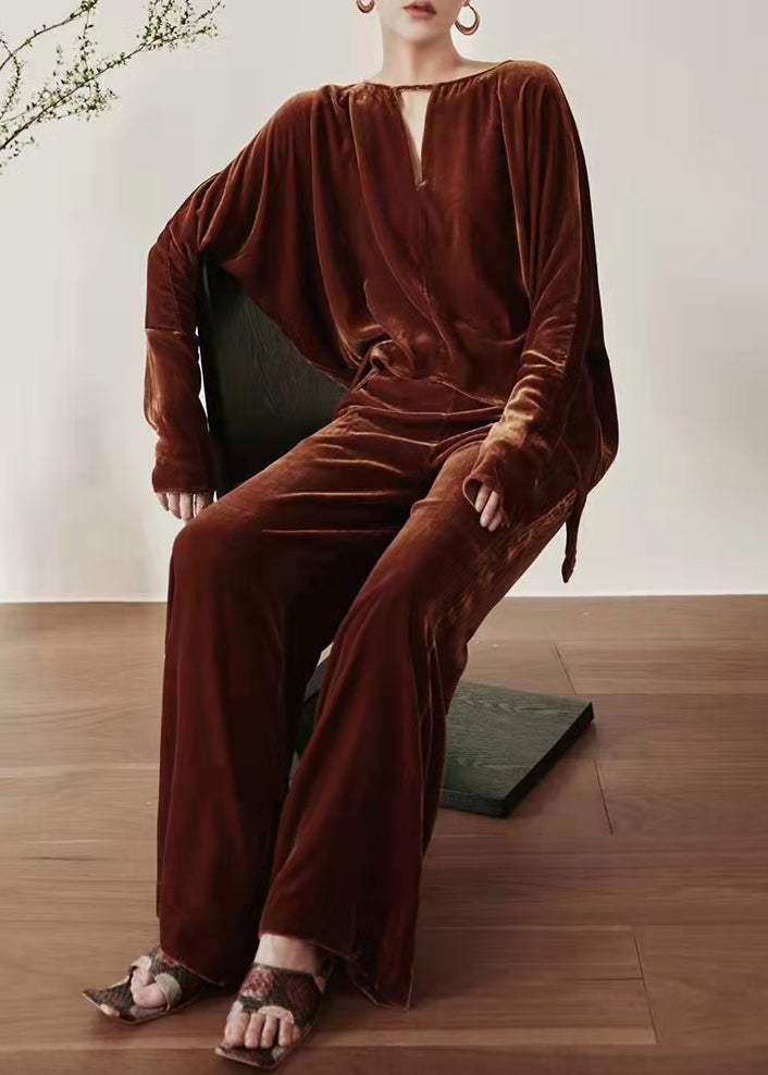 French Coffee Tops and Pants Velour Two Pieces Set Fall