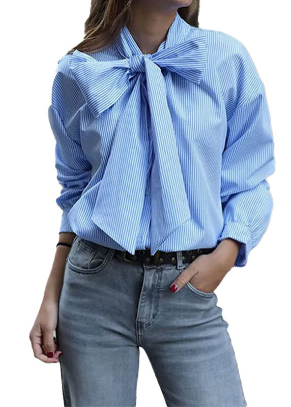 Blue Bow Lace Up Striped Cotton Blouses Summer