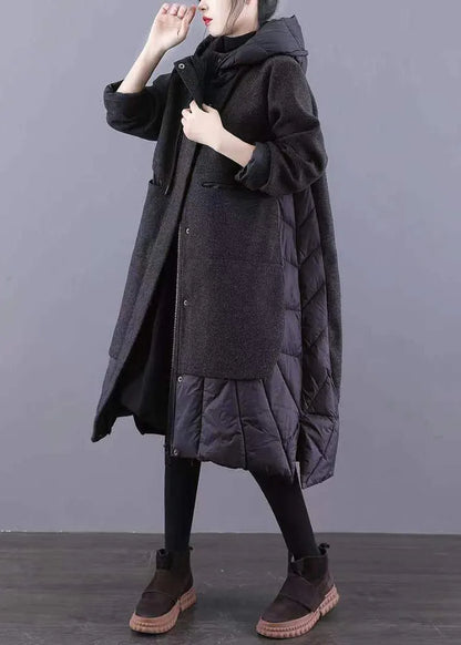 Black Hooded Pockets Patchwork Thick Long Coat Winter