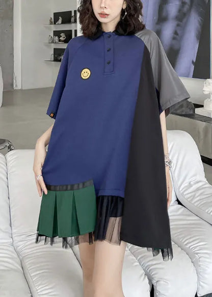 Loose Navy Peter Pan Collar Asymmetrical Patchwork Cotton Mid Dress Summer