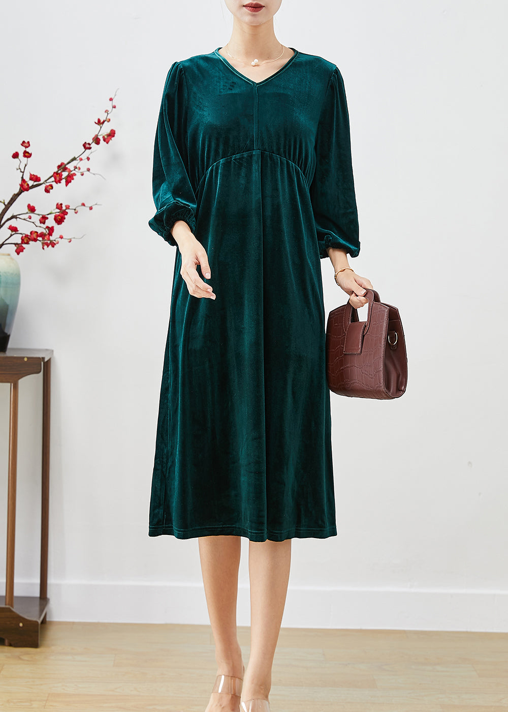 Peacock Green Oversized Patchwork Silk Velour Holiday Dress Lantern Sleeve