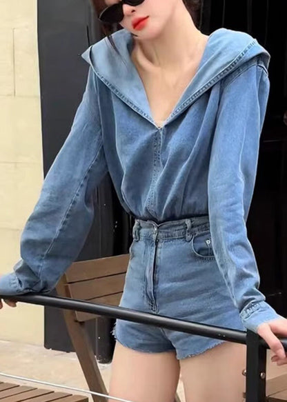 Blue Denim Hooded Top and Shorts Two Pieces Set Spring