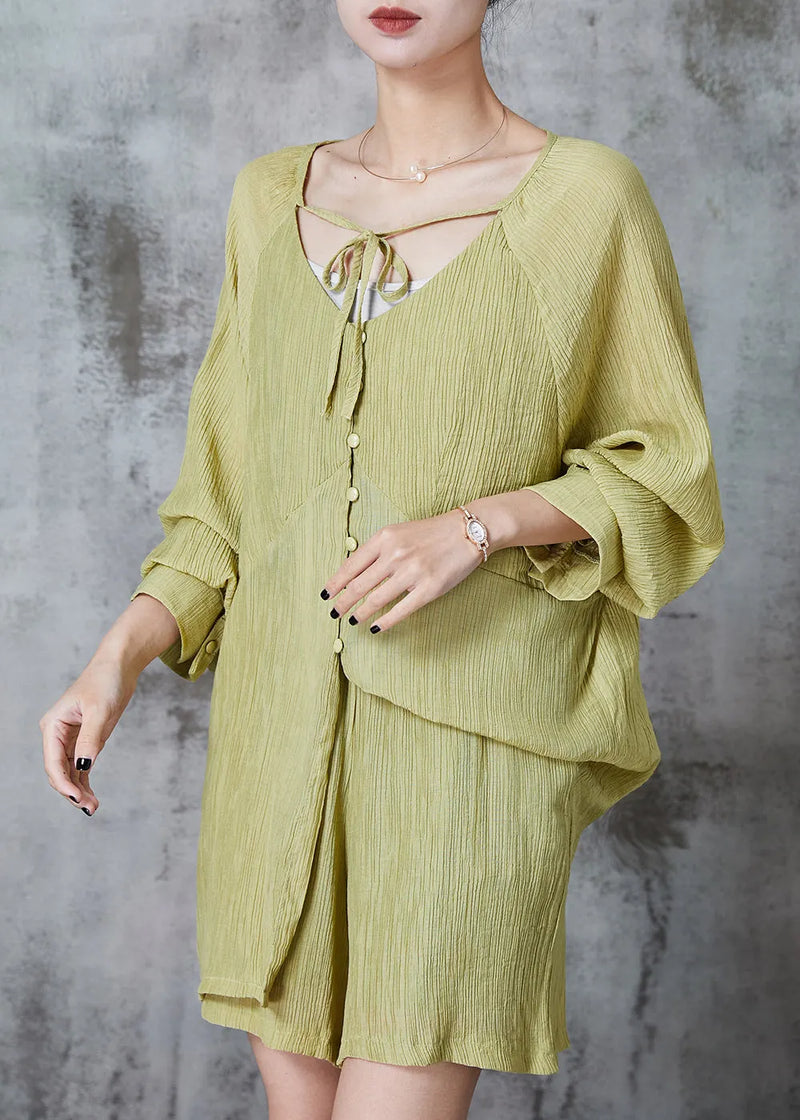 Grass Green Oversized Wrinkled Cotton Two Pieces Set Summer