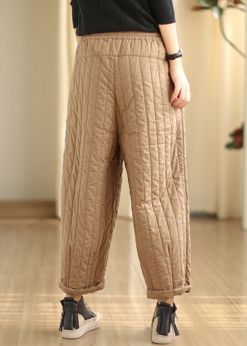 Khaki Pockets Fine Cotton Filled Pants Elastic Waist Winter