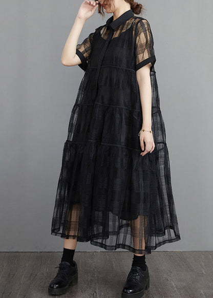French Black Button Tulle Two Piece Set Short Sleeve